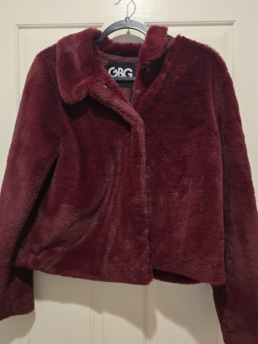 CBG Los Angeles Burgundy Faux Fur Jacket Coat Women's Large Plush Soft Glam